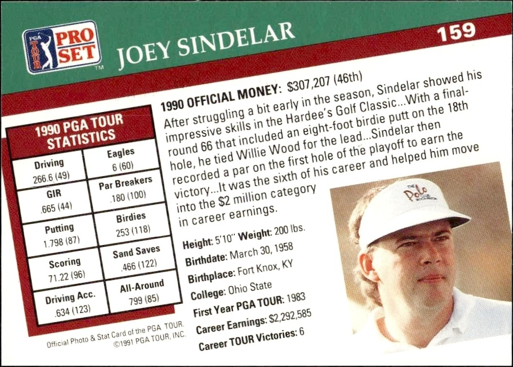 1991 Pro Set Pga Tour Joey Sindelar #159 golf trading card back