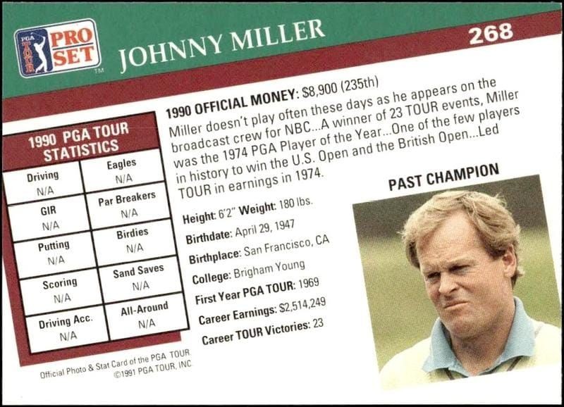 1991 Pro Set Pga Tour Johnny Miller #268 golf trading card back
