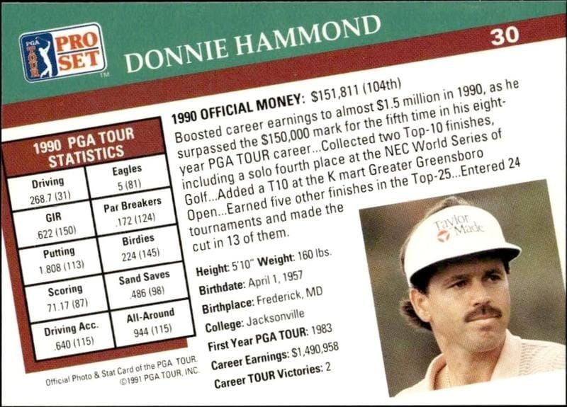 1991 Pro Set Pga Tour Donnie Hammond #30 golf trading card back