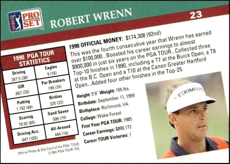 1991 Pro Set Pga Tour Robert Wrenn #23 golf trading card back