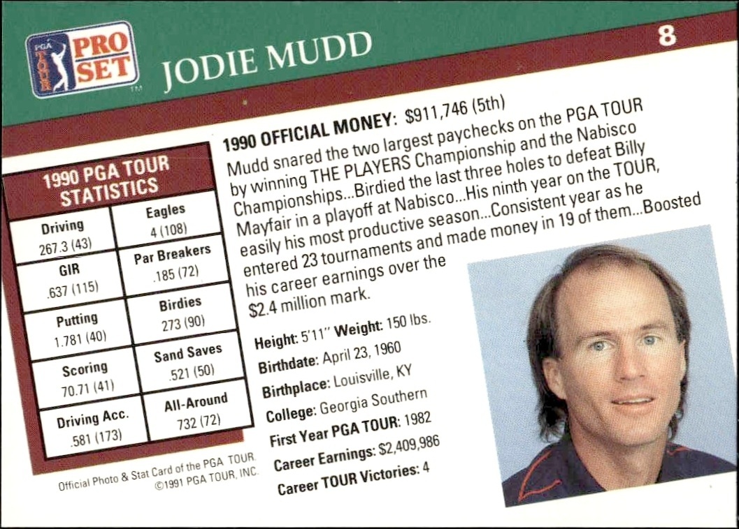 1991 Pro Set Pga Tour Jodie Mudd #8 golf trading card back