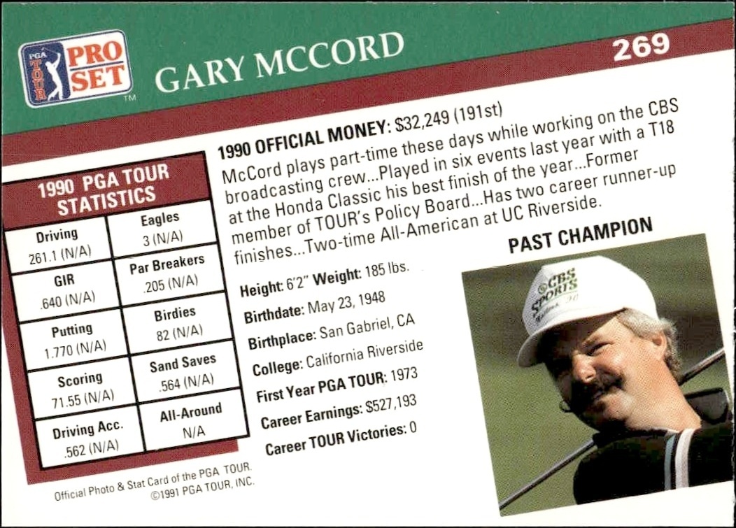 1991 Pro Set Pga Tour Gary Mccord #269 golf trading card back