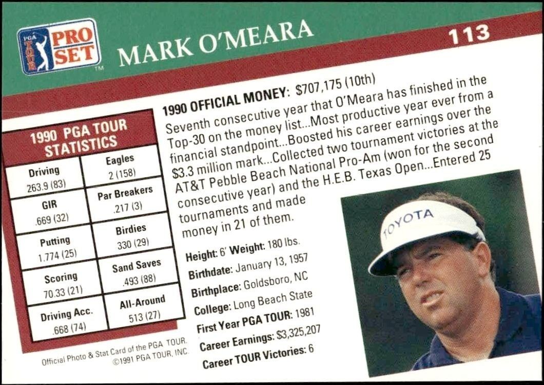 1991 Pro Set Pga Tour Mark O'meara #113 golf trading card back