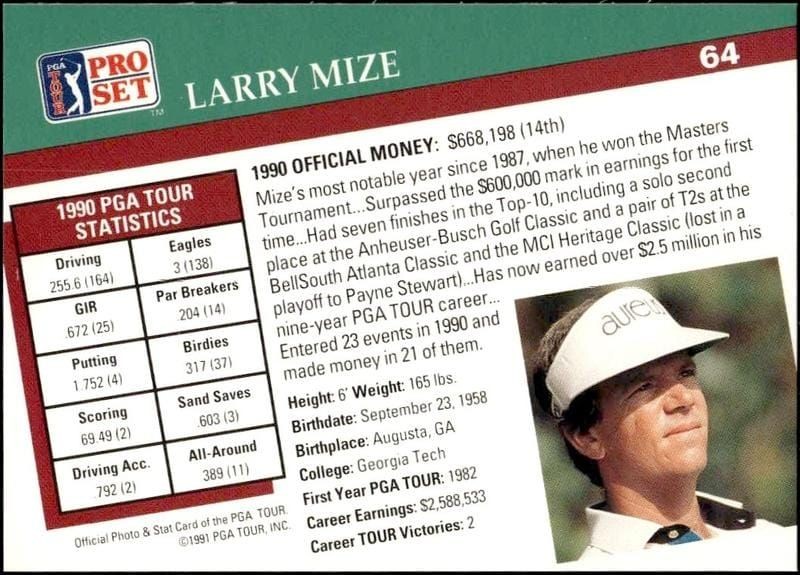 1991 Pro Set Pga Tour Larry Mize #64 golf trading card back