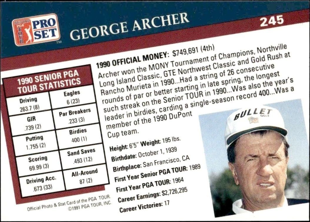 1991 Pro Set Pga Tour George Archer #245 golf trading card back