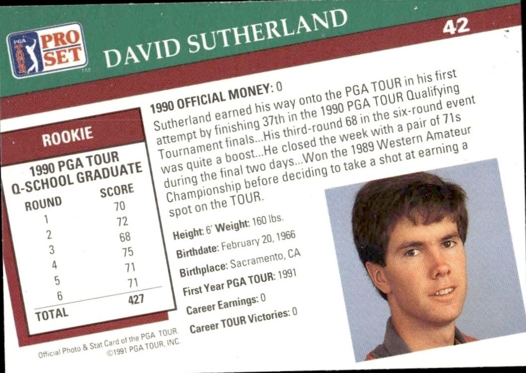 1991 Pro Set Pga Tour David Sutherland #42 golf trading card back