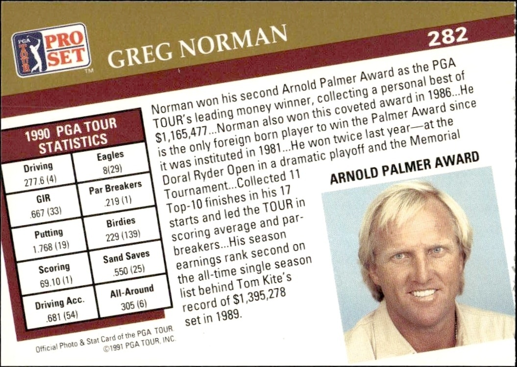 1991 Pro Set Pga Tour Greg Norman #282 golf trading card back