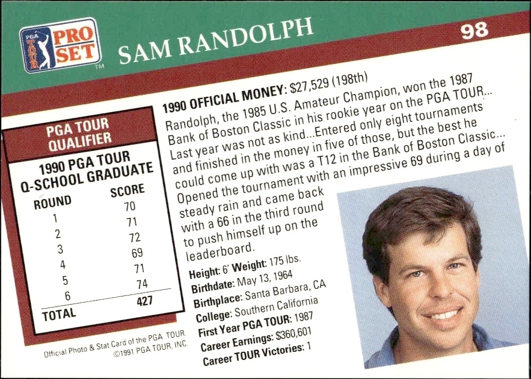 1991 Pro Set Pga Tour Sam Randolph #98 golf trading card back