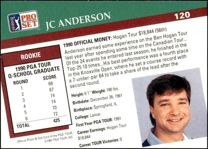 1991 Pro Set Pga Tour JC Anderson #120 golf trading card back