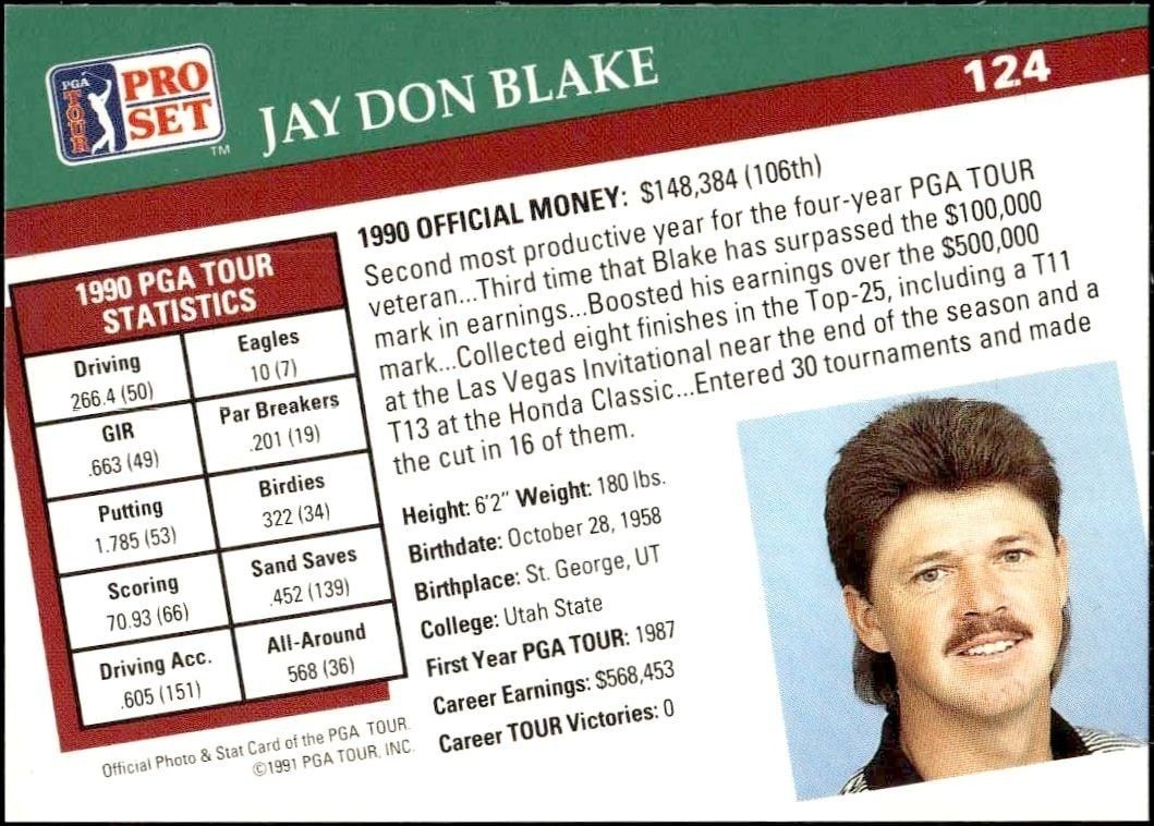 1991 Pro Set Pga Tour Jay Don Blake #124 golf trading card back