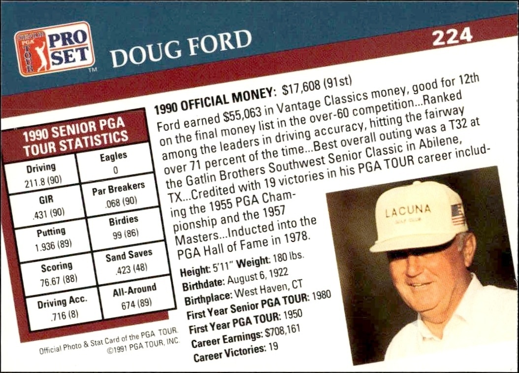 1991 Pro Set Pga Tour Doug Ford #224 golf trading card back