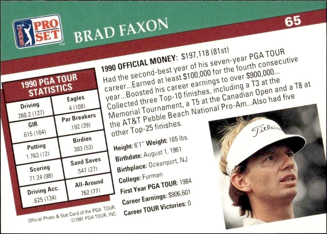 1991 Pro Set Pga Tour Brad Faxon #65 golf trading card back