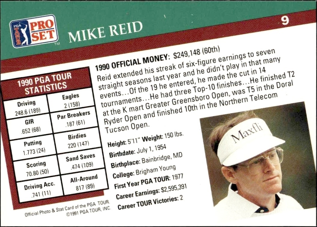 1991 Pro Set Pga Tour Mike Reid #9 golf trading card back