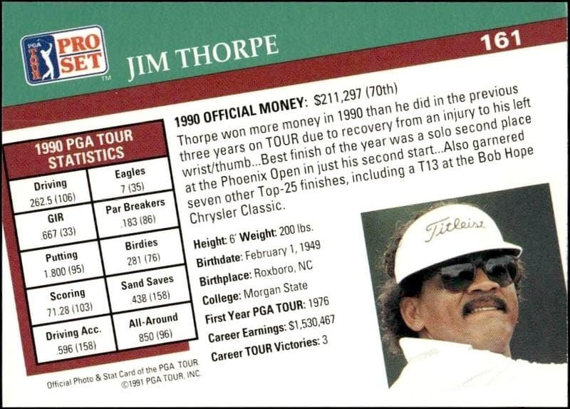 1991 Pro Set Pga Tour Jim Thorpe #161 golf trading card back