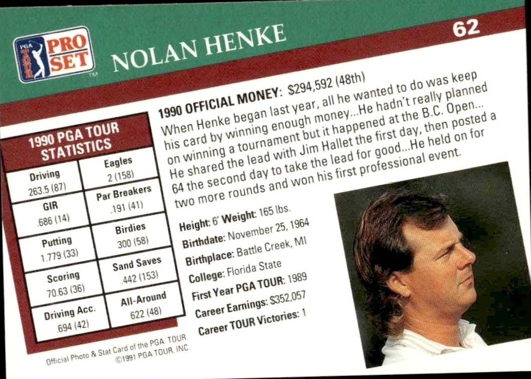 1991 Pro Set Pga Tour Nolan Henke #62 golf trading card back
