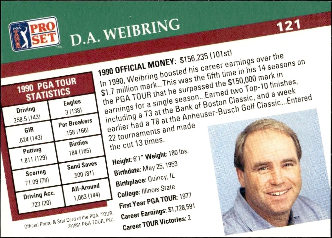 1991 Pro Set Pga Tour D.A. Weibring #121 golf trading card back