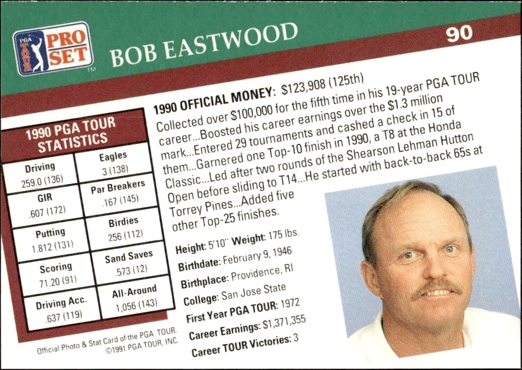 1991 Pro Set Pga Tour Bob Eastwood #90 golf trading card back