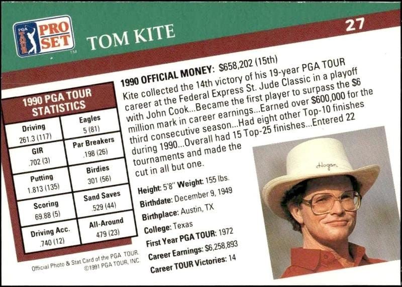 1991 Pro Set Pga Tour Tom Kite #27 golf trading card back