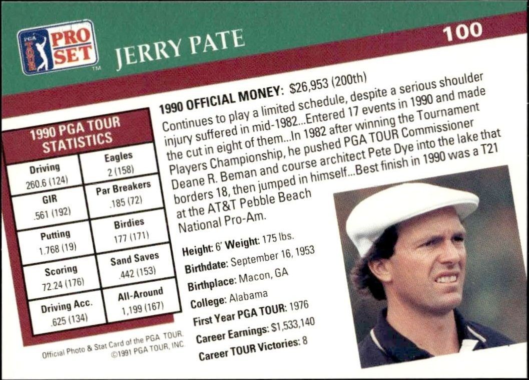 1991 Pro Set Pga Tour Jerry Pate #100 golf trading card back