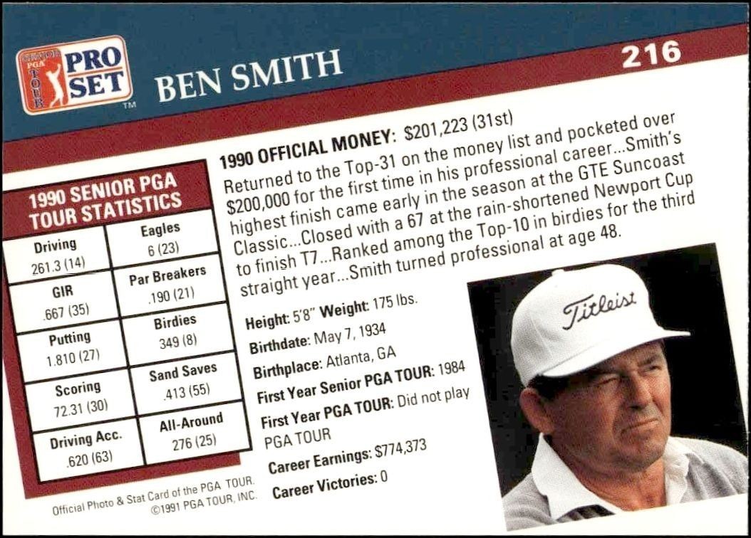 1991 Pro Set Pga Tour Ben Smith #216 golf trading card back