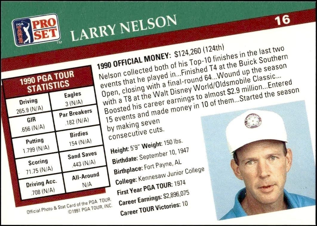 1991 Pro Set Pga Tour Larry Nelson #16 golf trading card back