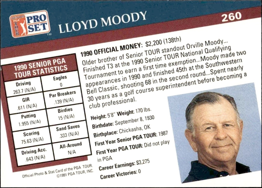 1991 Pro Set Pga Tour Lloyd Moody #260 golf trading card back