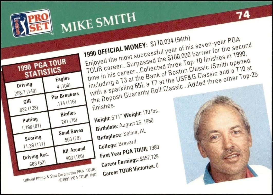 1991 Pro Set Pga Tour Mike Smith #74 golf trading card back
