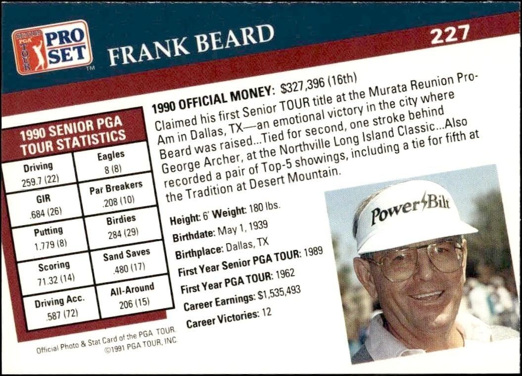 1991 Pro Set Pga Tour Frank Beard #227 golf trading card back
