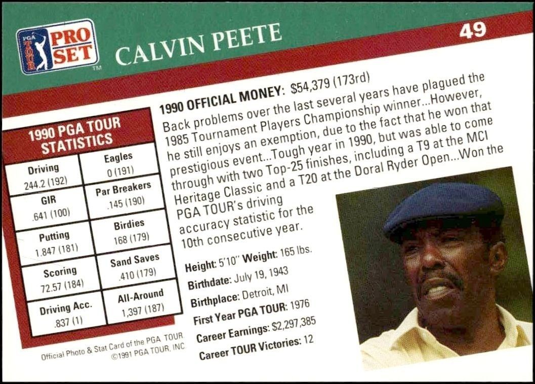 1991 Pro Set Pga Tour Calvin Peete #49 golf trading card back