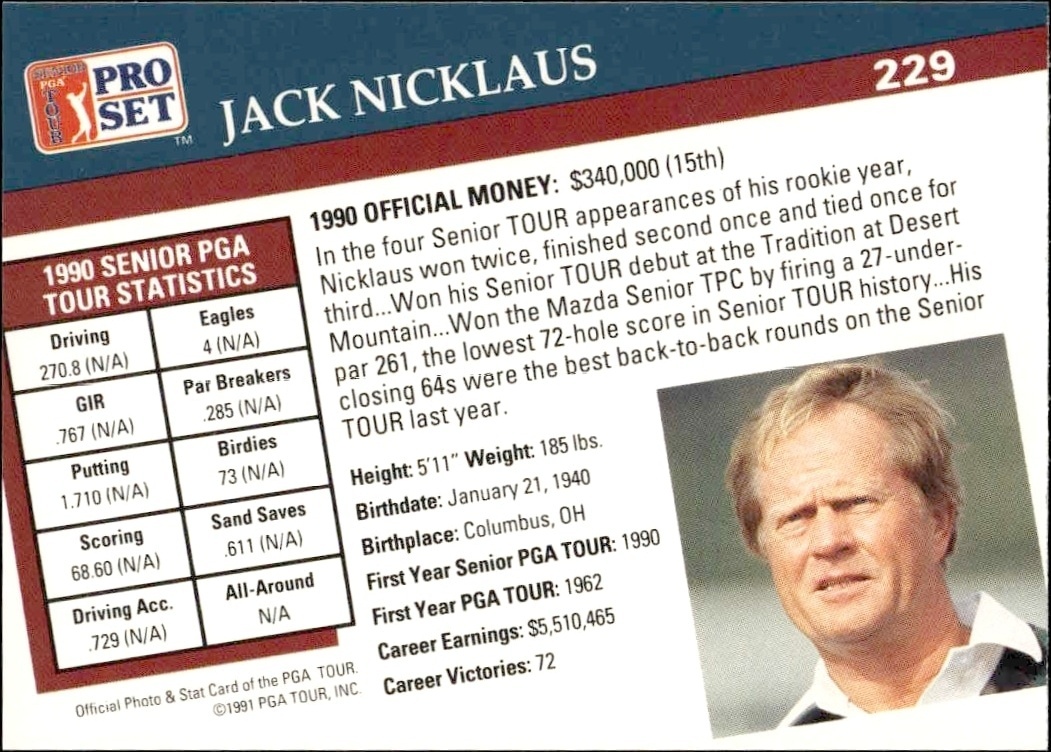 1991 Pro Set Pga Tour Jack Nicklaus #229 golf trading card back