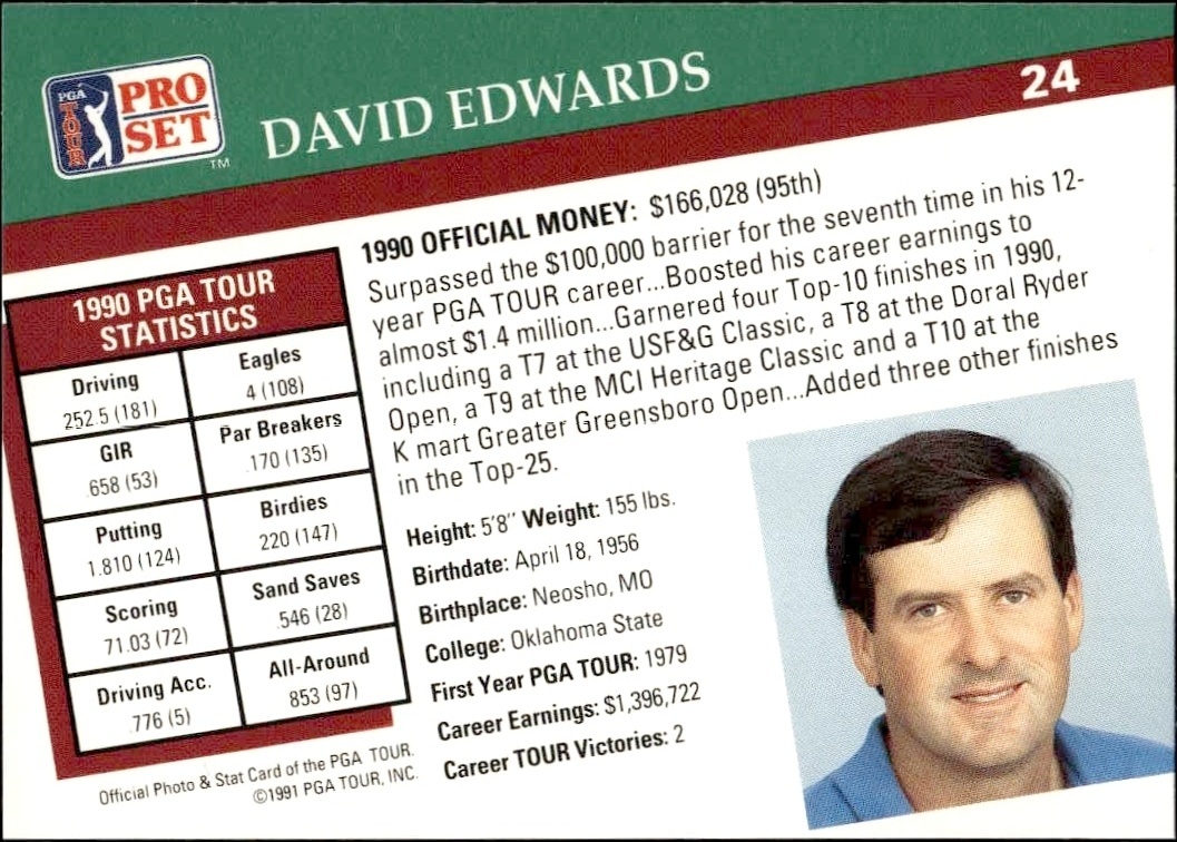 1991 Pro Set Pga Tour David Edwards #24 golf trading card back