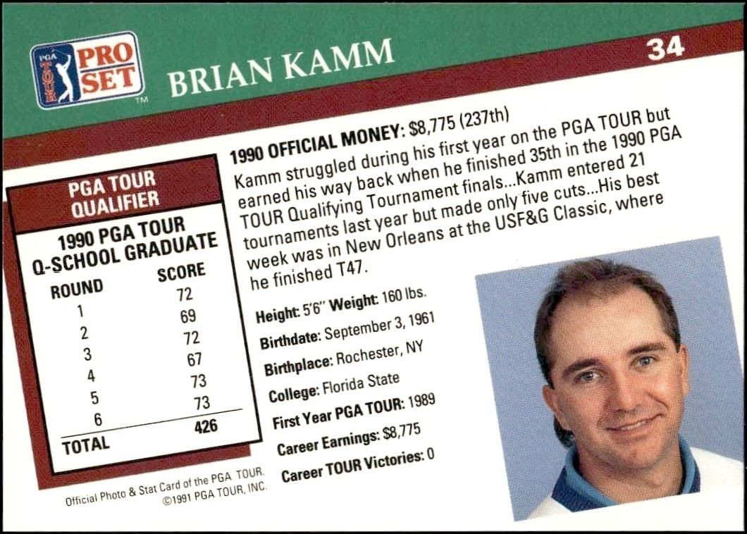 1991 Pro Set Pga Tour Brian Kamm #34 golf trading card back