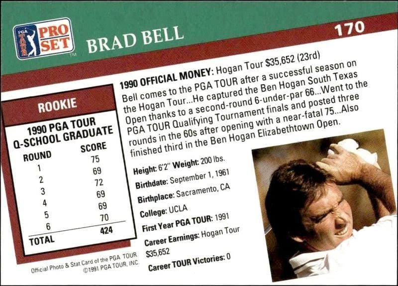 1991 Pro Set Pga Tour Brad Bell #170 golf trading card back