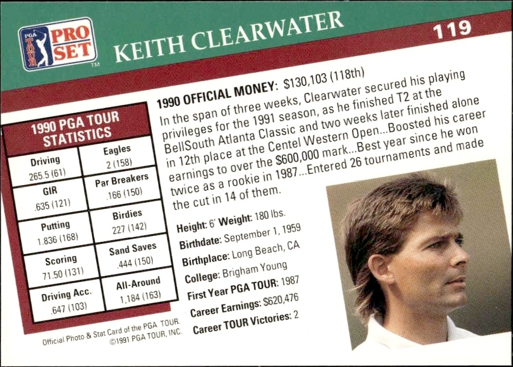 1991 Pro Set Pga Tour Keith Clearwater #119 golf trading card back