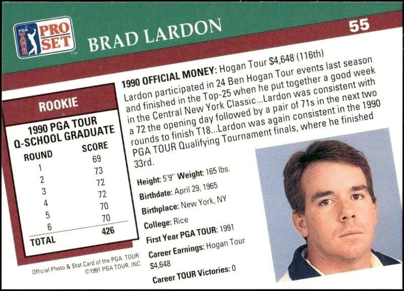 1991 Pro Set Pga Tour Brad Lardon #55 golf trading card back