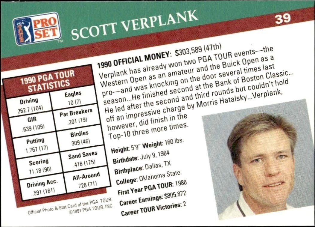 1991 Pro Set Pga Tour Scott Verplank #39 golf trading card back