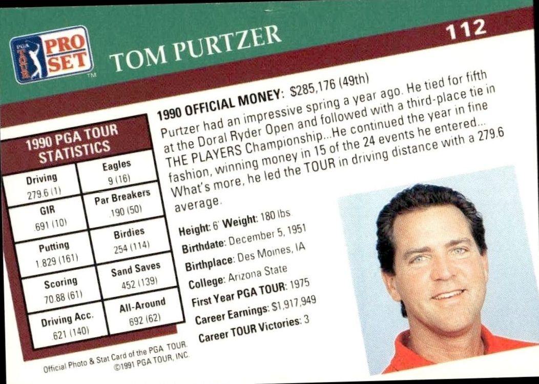 1991 Pro Set Pga Tour Tom Purtzer #112 golf trading card back
