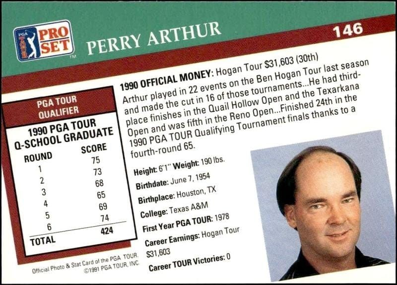 1991 Pro Set Pga Tour Perry Arthur #146 golf trading card back