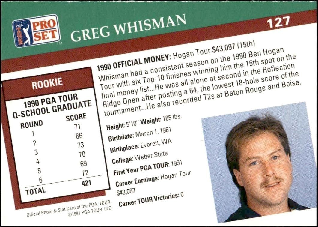 1991 Pro Set Pga Tour Greg Whisman #127 golf trading card back