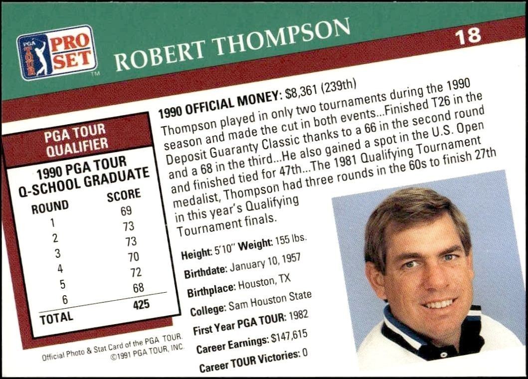 1991 Pro Set Pga Tour Robert Thompson #18 golf trading card back