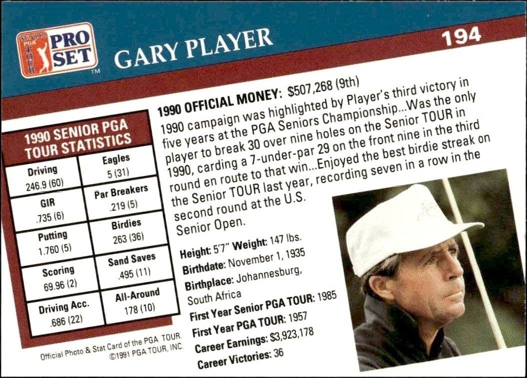 1991 Pro Set Pga Tour Gary Player #194 golf trading card back