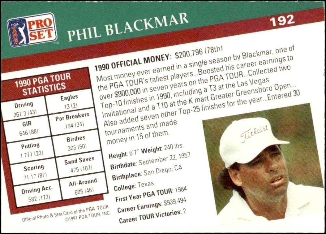 1991 Pro Set Pga Tour Phil Blackmar #192 golf trading card back