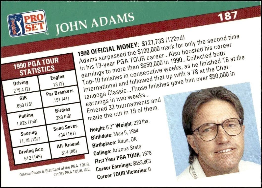 1991 Pro Set Pga Tour John Adams #187 golf trading card back