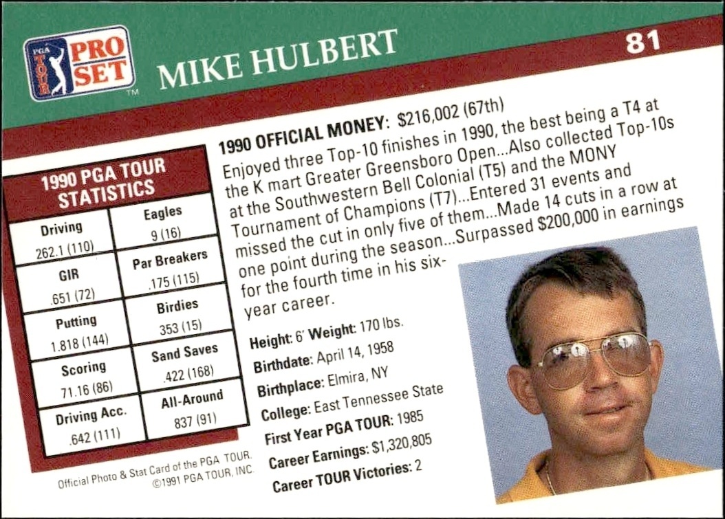 1991 Pro Set Pga Tour Mike Hulbert #81 golf trading card back