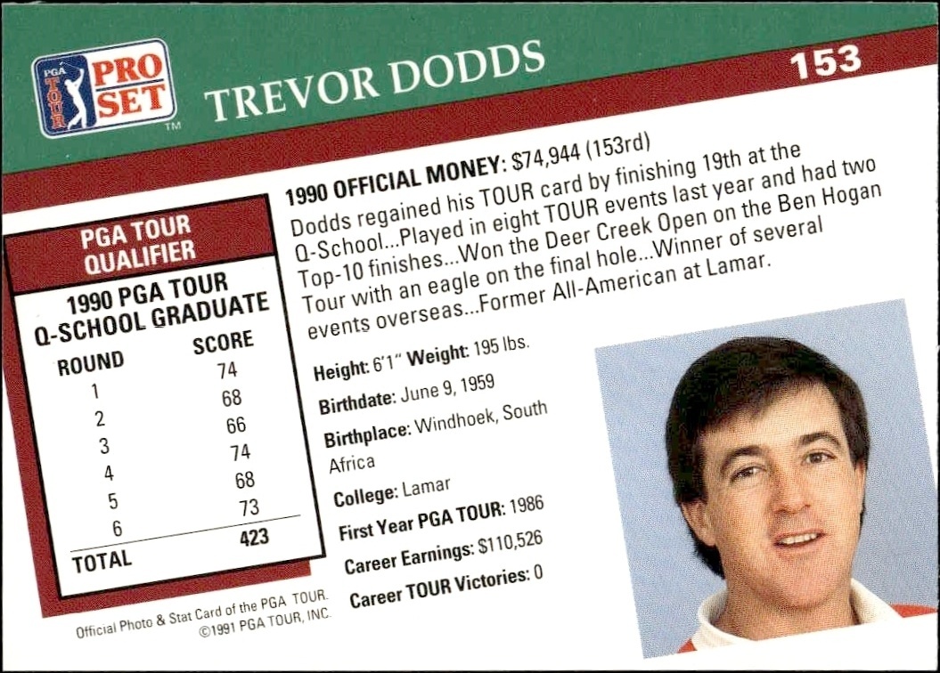 1991 Pro Set Pga Tour Trevor Dodds #153 golf trading card back