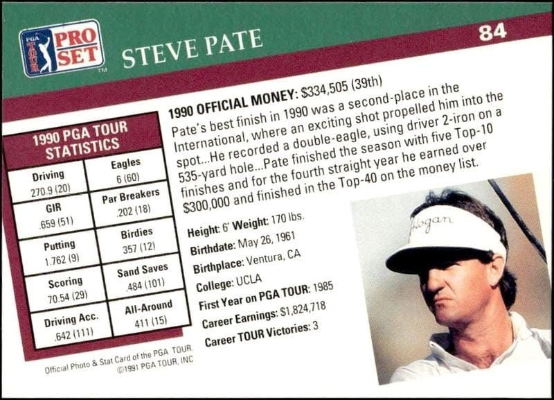 1991 Pro Set Pga Tour Steve Pate #84 golf trading card back