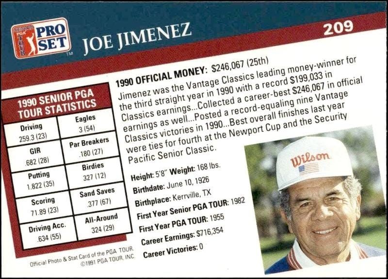 1991 Pro Set Pga Tour Joe Jimenez #209 golf trading card back