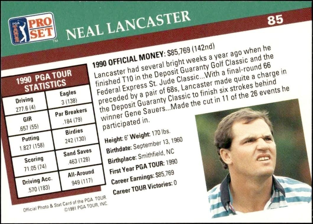 1991 Pro Set Pga Tour Neal Lancaster #85 golf trading card back