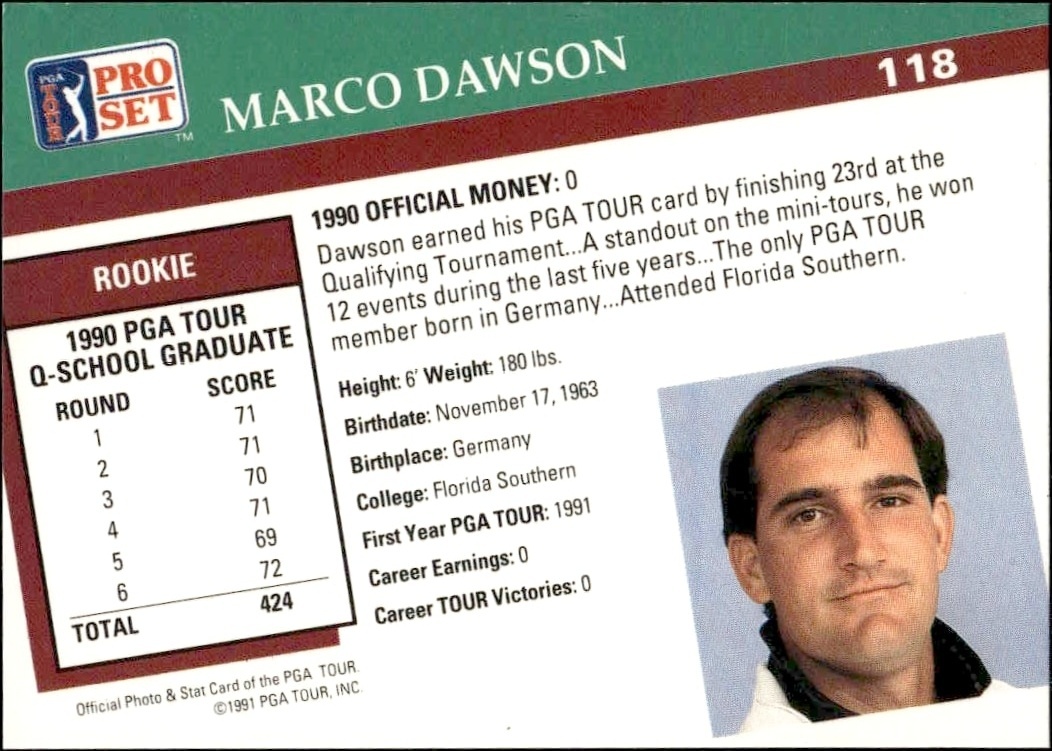 1991 Pro Set Pga Tour Marco Dawson #118 golf trading card back