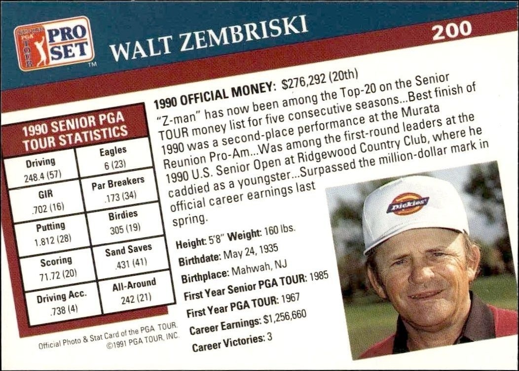 1991 Pro Set Pga Tour Walt Zembriski #200 golf trading card back